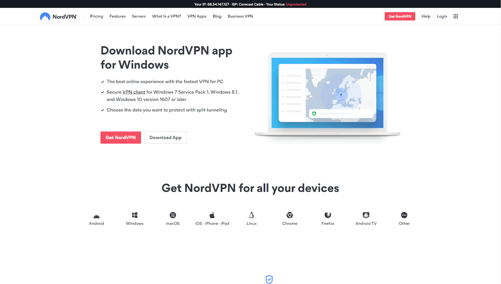 Skærm til download af NordVPN